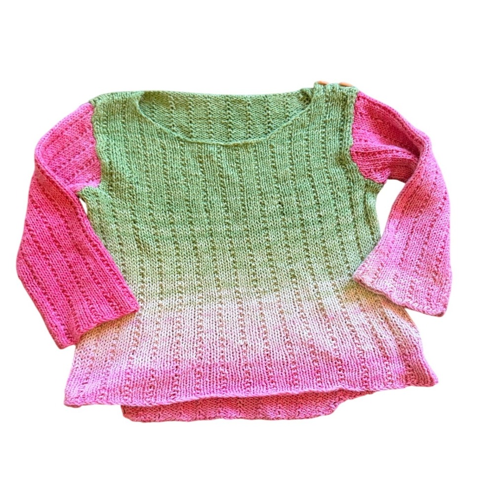 90's Handmade Kids Ombre Knit Sweater Green Pink Heart Button Pointelle Pullover